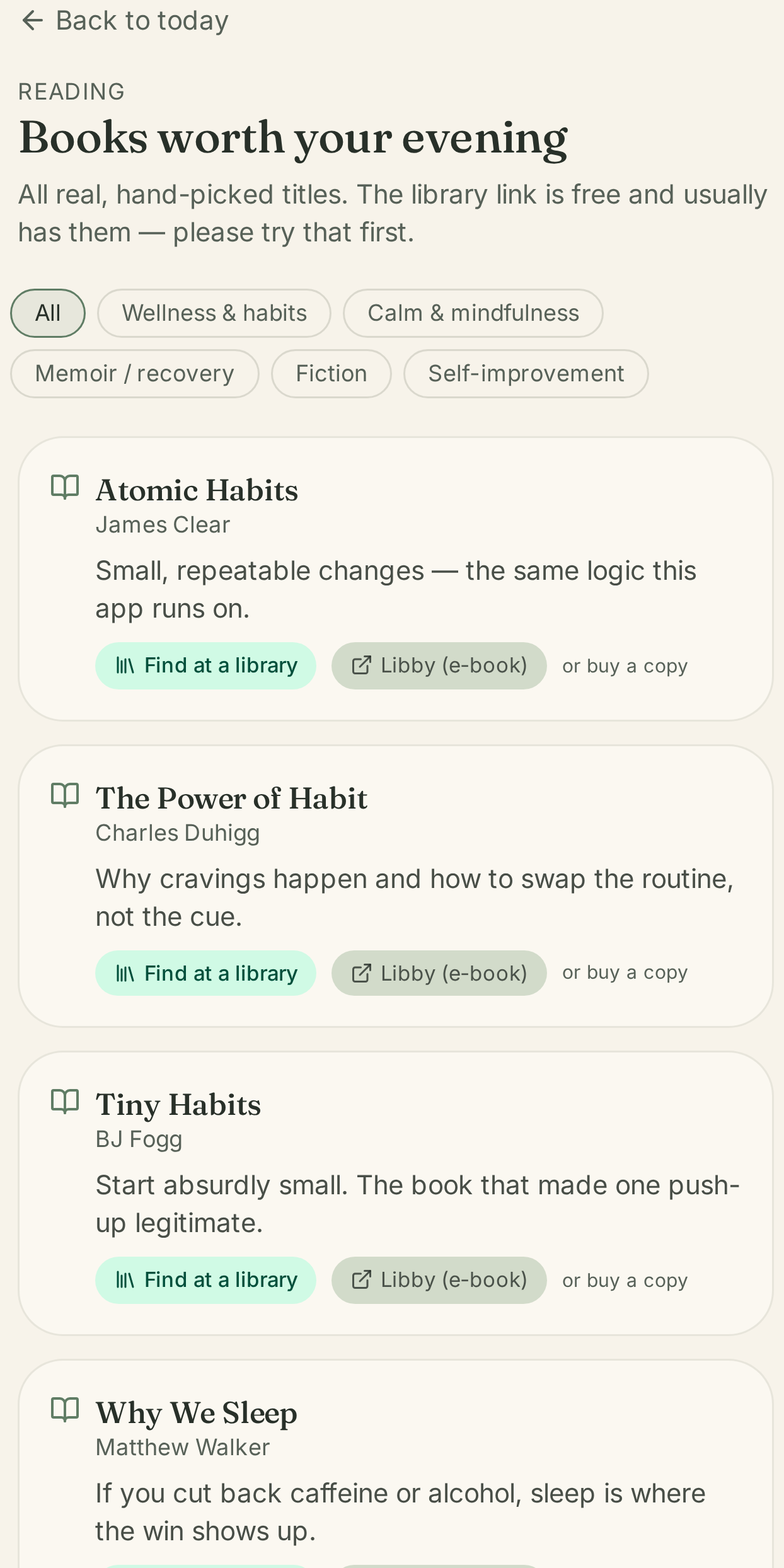 iCram reading list of hand-picked books with a Find at a library link before the buy option.