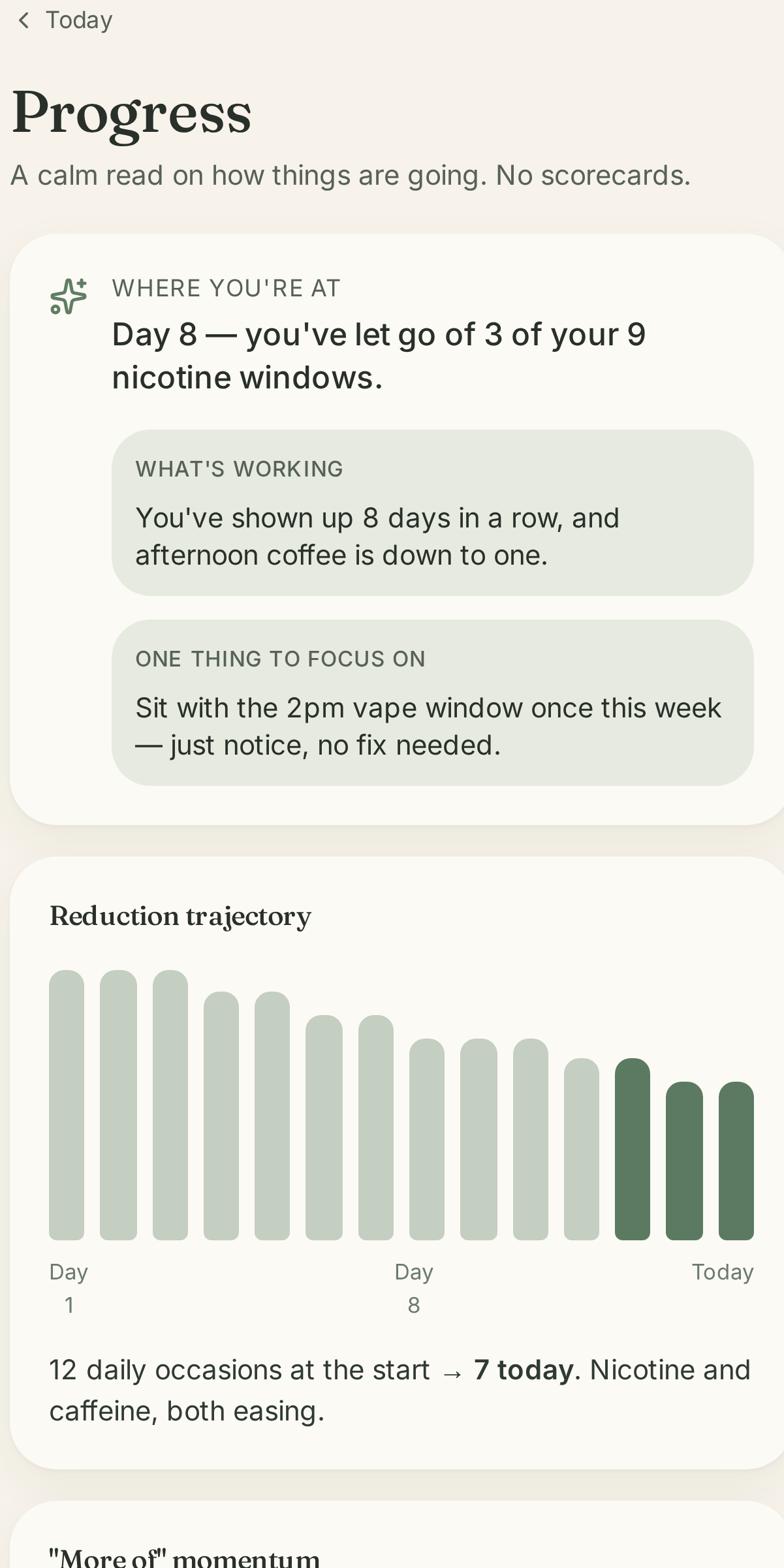iCram progress page showing day 8, a downward reduction trajectory and momentum on movement and time outside.